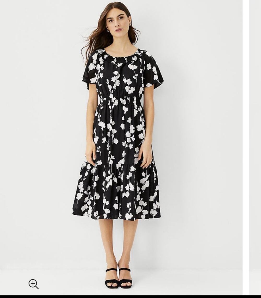 Ann Taylor Floral Smocked Midi Dress Black White Weekend 100% Cotton Sz M